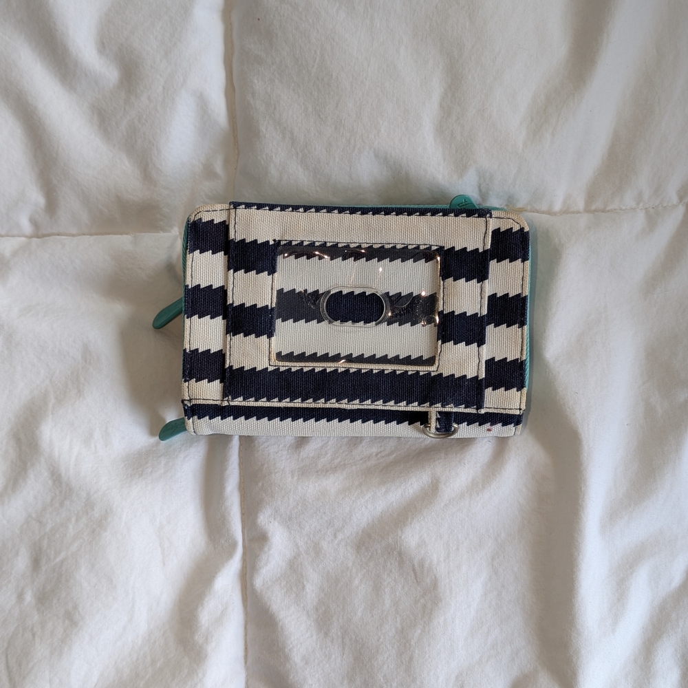 Thirty-One Turquoise, Black, and White Striped Canvas Wallet